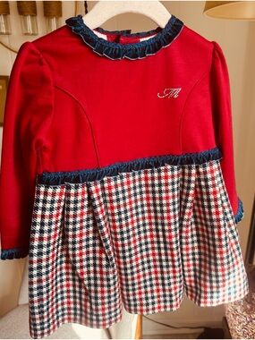 Girls' Red & Navy Houndstooth Dress-Top with Rhinestone Initial